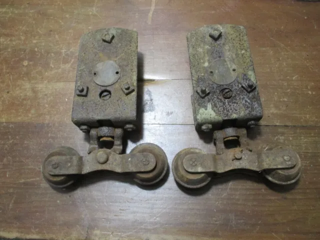 Two 2 Antique Cannon Ball Barn Door Rollers 1068 Hangers with Brackets
