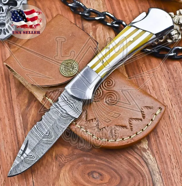 Hand Crafted Damascus Pocket Folding Knife Corain Back Lock EDC Best Selling