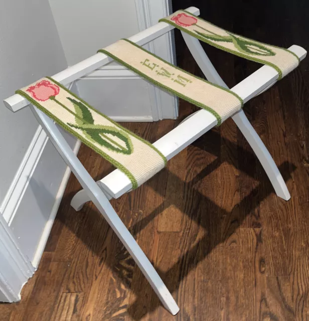 VTG Scheibe Wood Luggage Suitcase Folding Rack Tapestry Needlework Monogram