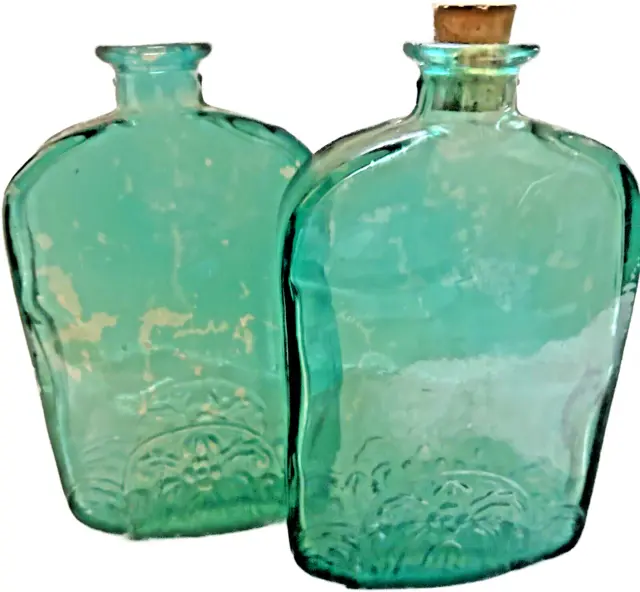 Antique 1880-1890 Aqua Vidrios De Levante Spain Handcrafted Flat Glass Flasks Pr