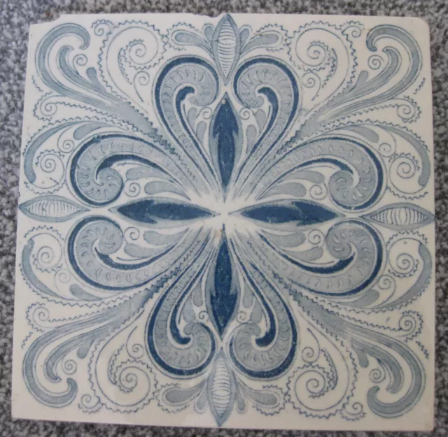 Antique Victorian  Sherwin and Cotton printed tile c1890 blue green swirls