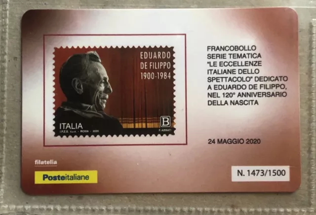 ITALIA 2020 EDUARDO DE FILIPPO TESSERA FILATELICA FRANCOBOLLO tiratura solo 1500