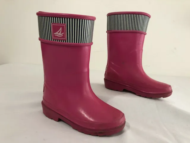 SPERRY Top-Sider Waterproof Rubber Rain Boots Pelican Pink Navy Stripe Girls 10