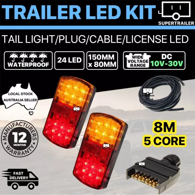 Pair of 24 LED TRAILER LIGHTS KIT, 1x NUMBER PLATE PLUG 8M x 5 CORE CABLE 10-30V