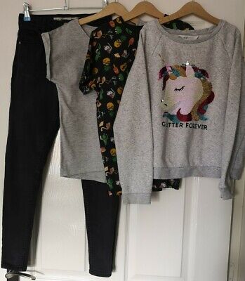 Pacchetto ragazze ~ T-shirt jeans skinny neri e felpa unicorno ~ 11-12 anni