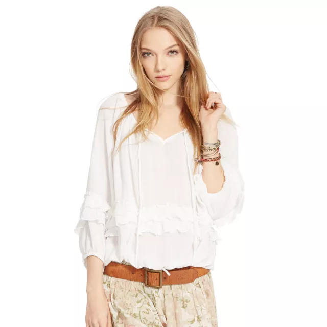 Denim & Supply Ralph Lauren Women's Ruffled Boho Top Blouse in Ivory -  Small