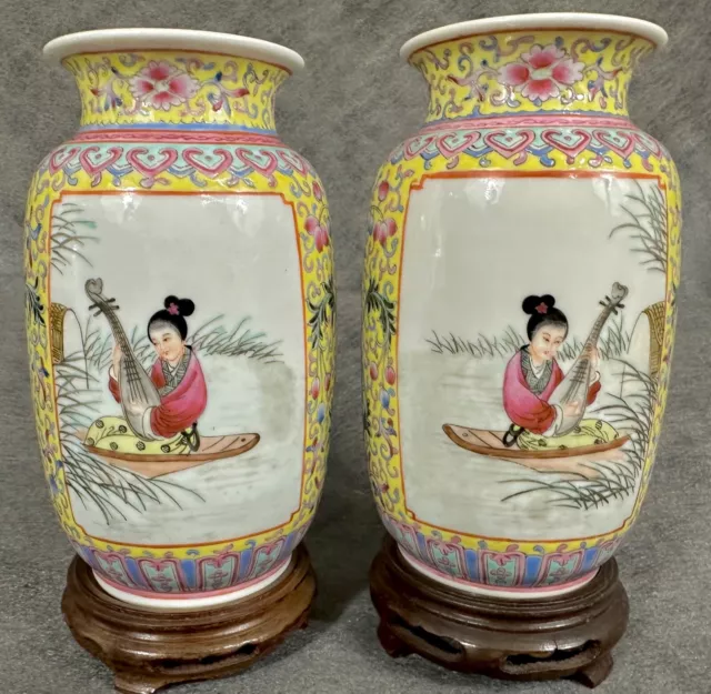 Pair Fine Old Chinese Export Porcelain Famille Rose Cabinet Vases W Stands 2