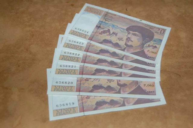 6 CONSECUTIVE UNCIRCULATED FRANCE 20 FRANCS BANKNOTES - Bargain