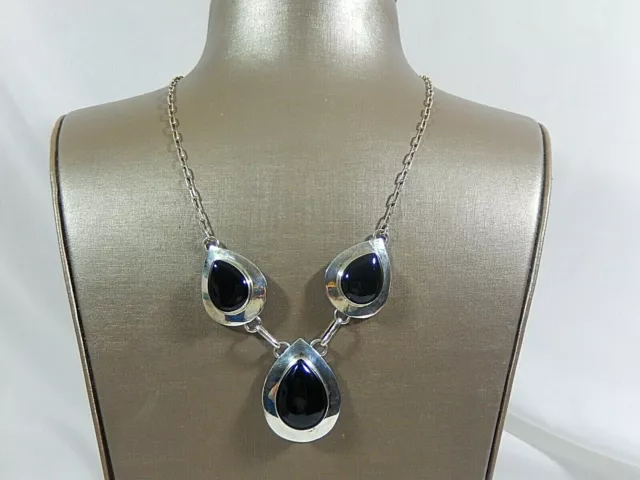 Vtg Modernist Sterling Silver 3 Large Teardrop Onyx 21" Lavalier Necklace