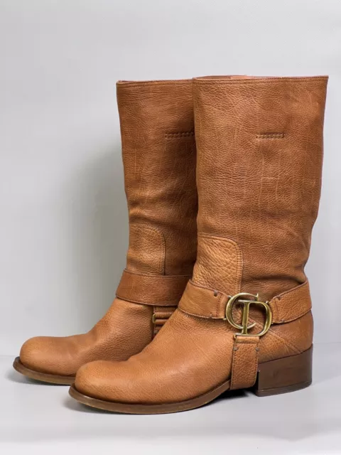 CHRISTIAN DIOR Womens Boots Shoes CD Logo Buckle Size 38 Brown Leather Biker