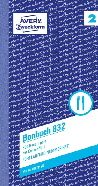 AVERY Zweckform 832 Bonbuch (105x198mm, 300 Bons mit Kellner-Nr. 2, mit einem Bl