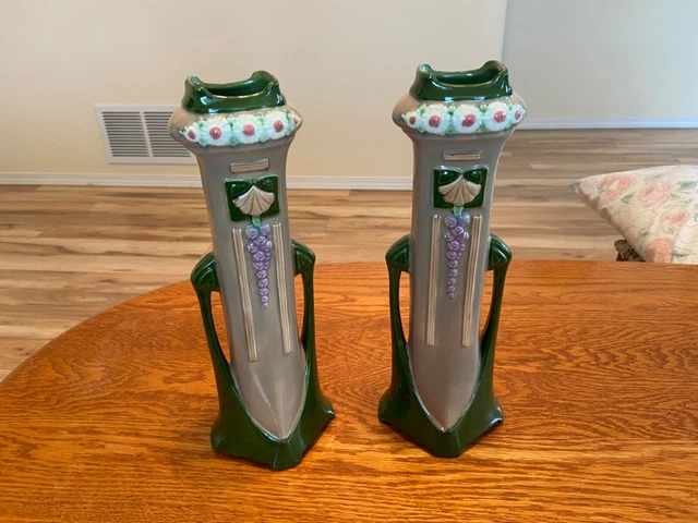 Pair of Art Nouveau Eichwald Majolica Floral Vases Pastels Jugendstil