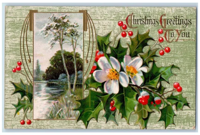 Christmas Postcard Greetings Holly Berries Flowers Embossed c1910's Antique