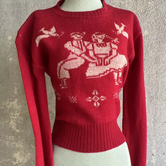 Vintage 1930s 1940s Red Wool Knit Figural Sweater Lovers Holding Hands Birds