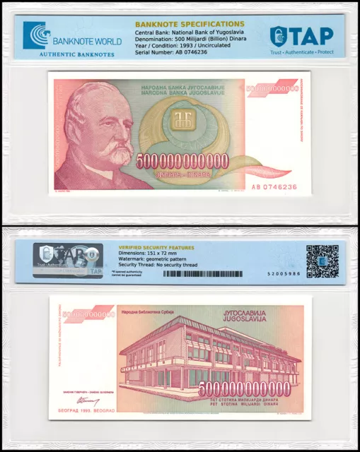 Yugoslavia 500 Milijardi (Billion) Dinara, 1993, P-137, UNC, Authenticated