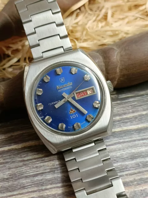 Auténtico NIVADA Automático 17 Joyas 101 Suizo HOMBRES Esfera Azul Vintage Reloj