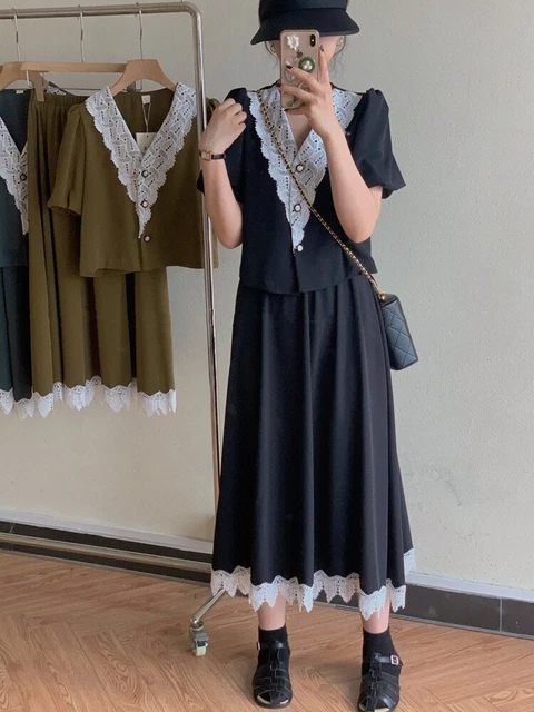 Pizzo Cuciture Maglia Corta Gonna Midi Abiti Coreana Puff Manica Per Donna 2pcs
