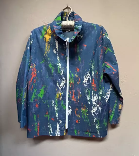 Caroline Rose Splatter Paint Print Jacket Size M Blue Collared Long Sleeve Zip