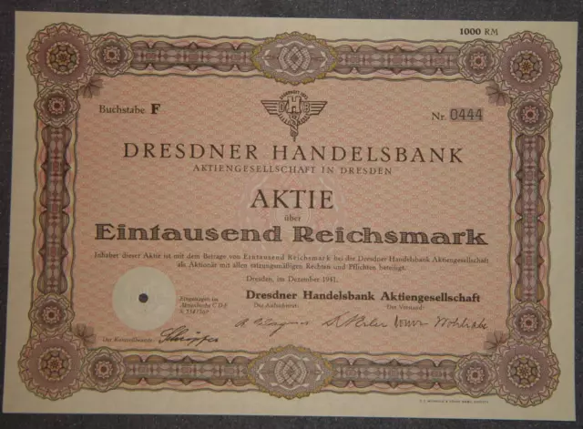 Dresdner Handelsbank Aktiengesellschaft in Dresden 1941 1000 RM