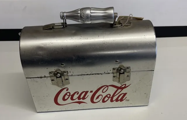 Collectible Coca Cola Metal Lunch Box Silver Tone Coke Bottle Handle 10”