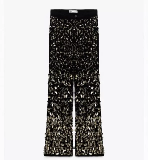 ZARA BLACK SEQUIN TROUSERS LIMITED EDITION HIGH WAIST FLARED LACE PANT  9083/102