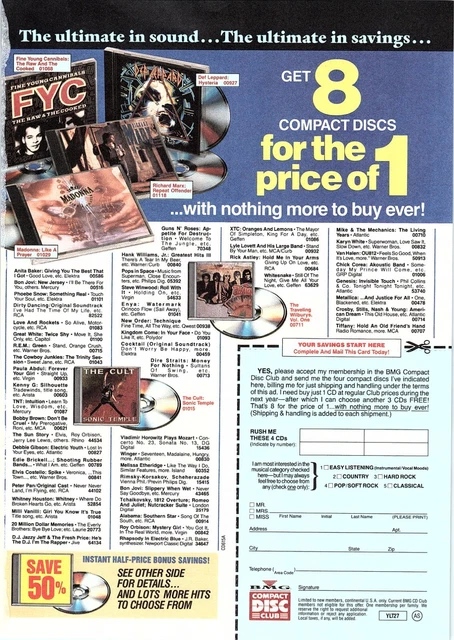 1989 Print ad BMG Compact Disc Club 8 Compact Disc For The Price Of 1
