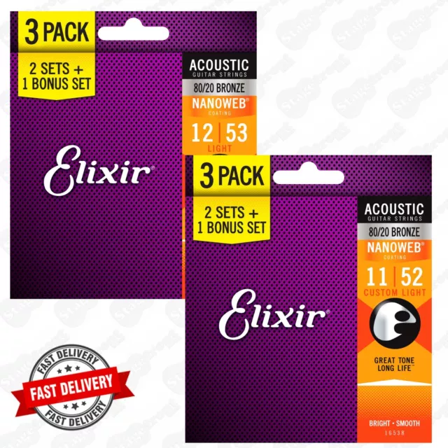 3 Set Pack Of Elixir Acoustic Nanoweb 80/20 Guitar Strings 3 Sets - Select Gauge