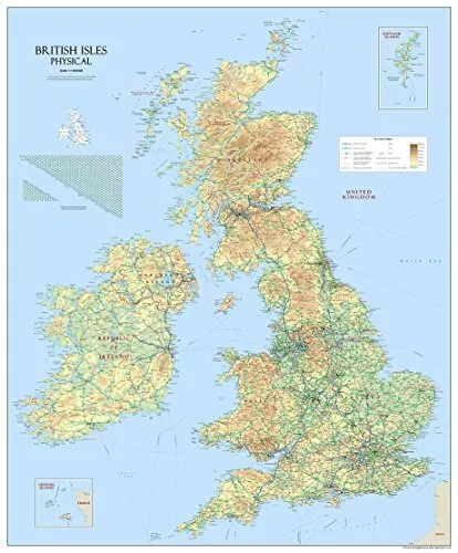 Large British Isles UK Physical Wall Map  Laminated - 120 x 100 cms