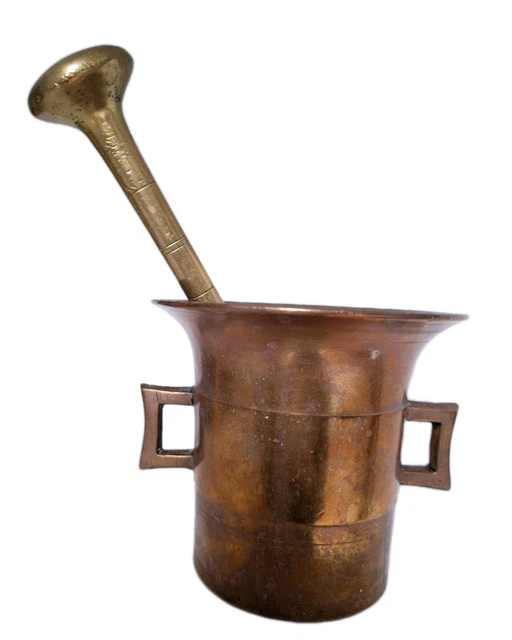 Ancien mortier armorié et pilon en bronze blason au lion héraldique - Antiquités