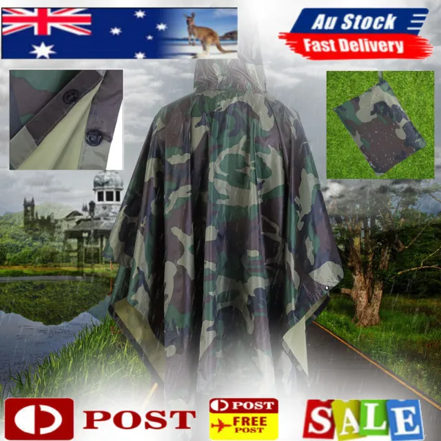 Camo Poncho Waterproof Hooded Rain Coat Army Military Camping Hiking Outdoor