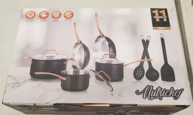 Nutri Chef Onyx 11 Piece Pots & Pans Set Aluminum Nutrichef Tempered Glass Lids