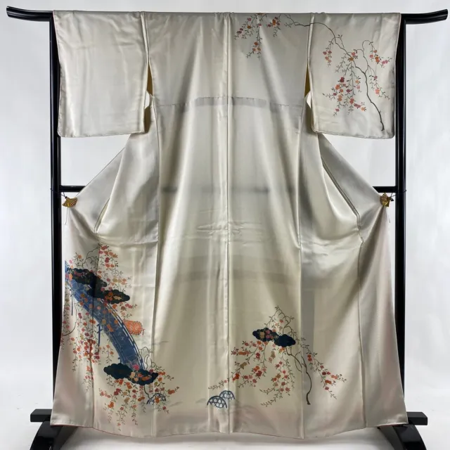Japanese Kimono Silk Houmongi Vintage Gold Gray Bridge Flower Leaf Foil 64in