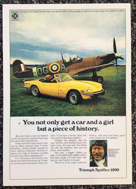 Triumph Spitfire 1500 Car Girl History Collectable Postcard Ginger Lacey WW2 Ace