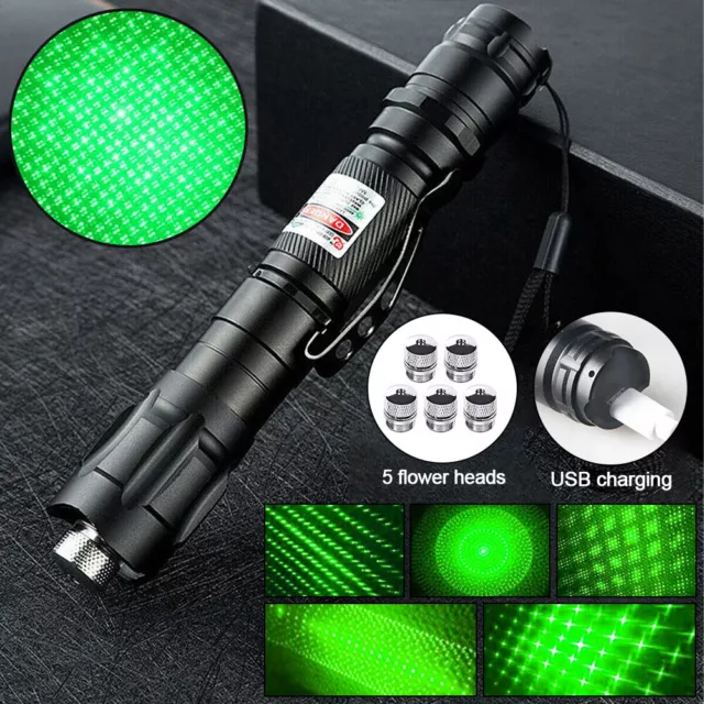 2000Miles Strong Beam Green Laser Pointer Pen 532nm Torch USB Rechargeable+Caps