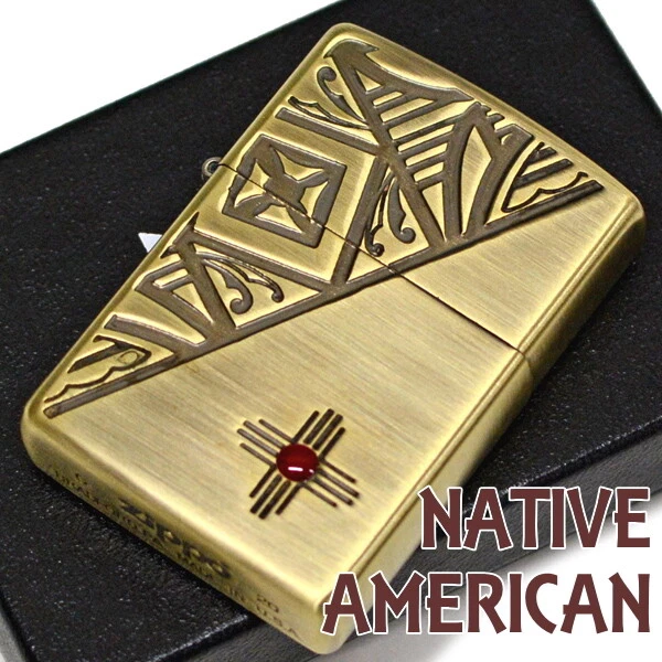 Zippo Oil Lighter Native American Antique Gold Regular Case Etching Brass Japan