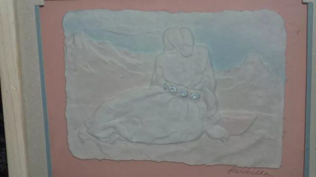 Vintage 1980s NAVAJO Sand Art Woman in Desert Pottery Painting Signed PRISCILLA