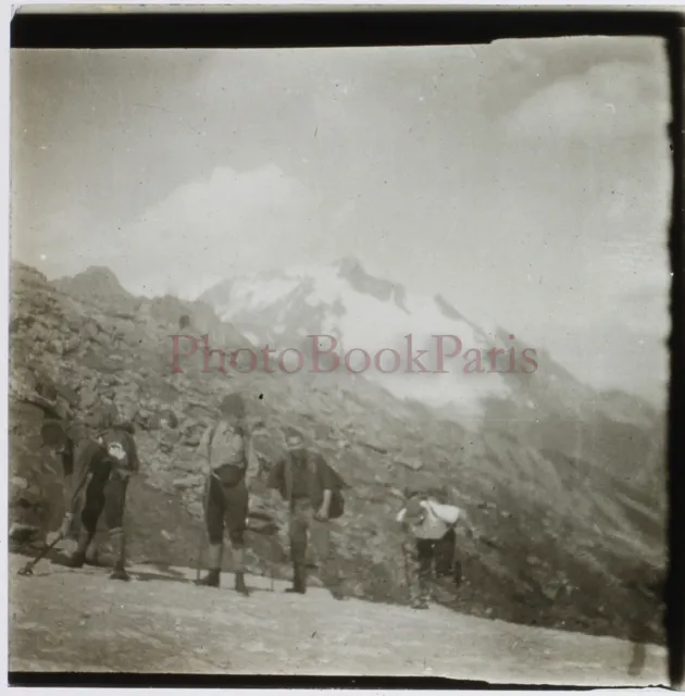 FRANCE Col de la Croix du Bonhomme Alpinistes Photo Stereo Plaque Vintage 1928