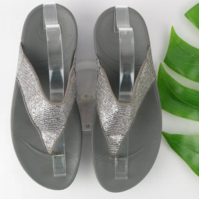 Fitflop Women's Lulu Superglitz Sandal Size 7 Silver Glitter Thong Platform Shoe