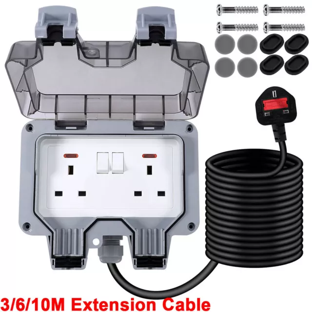 Outdoor IP66 Waterproof Extension Lead Socket Box 13A 2 Gang Switched 3/6/10M UK