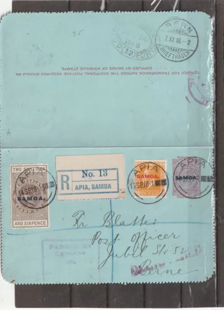 Samoa 2s STAMP DUTY REGISTERED POSTAL CARD Apia to Switzerland 1918