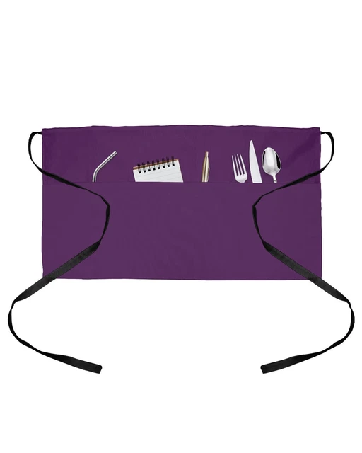 Pure Dark Purple Waitress Apron with 3 Pockets, Simple Solid Color Server