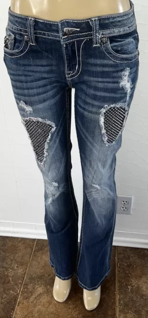 Rare MISS ME Crystal-covered Distressing Flap Pocket EASY BOOT jeans-27 Fit 28 6 2