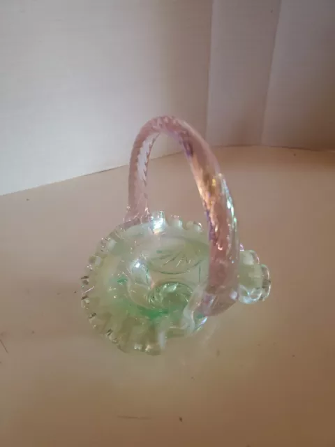 Vintage Fenton Glass Pink Handle Miniature Basket Iridescent Green Opalescent 4”