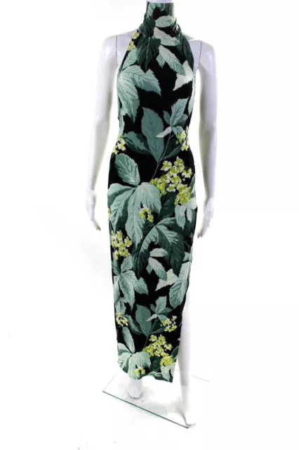 Norma Kamali Womens Turtleneck Halter Floral Maxi Dress Black Green Size XXS