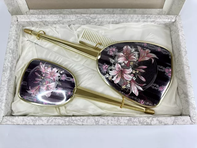 Vintage Brass 3 Piece Dressing Table Vanity Set Hand Mirror Brushes Floral Print