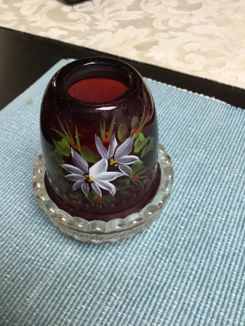 Mosser Fairy Lamp, Ruby, Poinsettias Hand Painted, Clear Bottom
