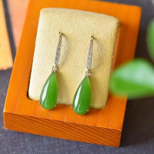 Green Jade Drop Shaped Earrings Zircon Natural Women's S925 Silver Earrings