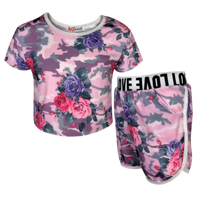 Kids Girls Crop & Short Camouflage Baby Pink Floral Print Summer Outfit Set 7-13