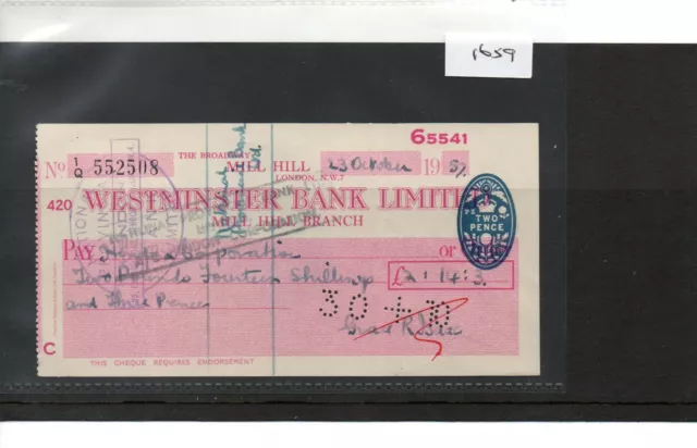 CHEQUE - CH1659 - USED -1957- Westminster Bank, Mill Hill, London NW7