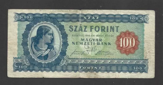 100 Forint Vg-Fine Banknote From  Hungary  1946  Pick-160 Very Rare